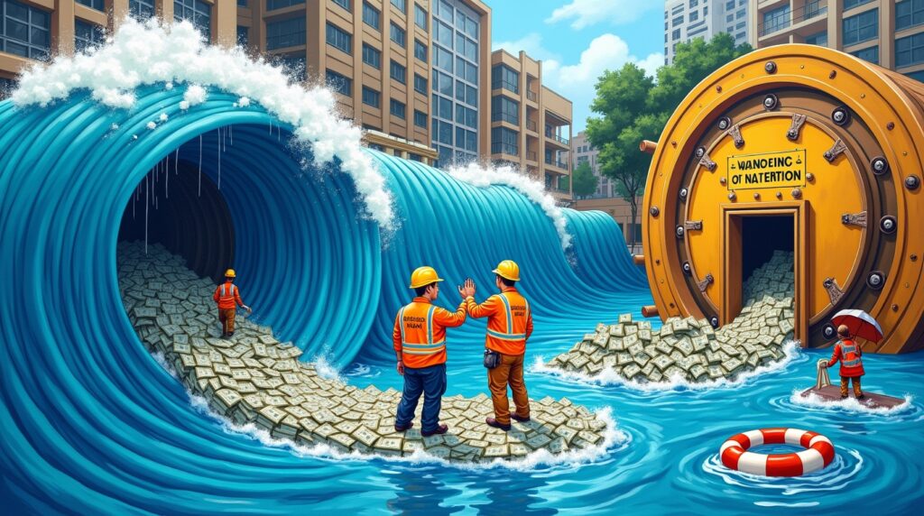 Philippine DPWH engineers in hard hats proudly redirecting massive waves of blue water—not into Manila streets, but into giant overflowing bank vaults. (1) Philippine DPWH engineers in hard hats proudly redirecting massive waves of blue water—not into Manila streets, but into giant overflowing bank vaults. (1)