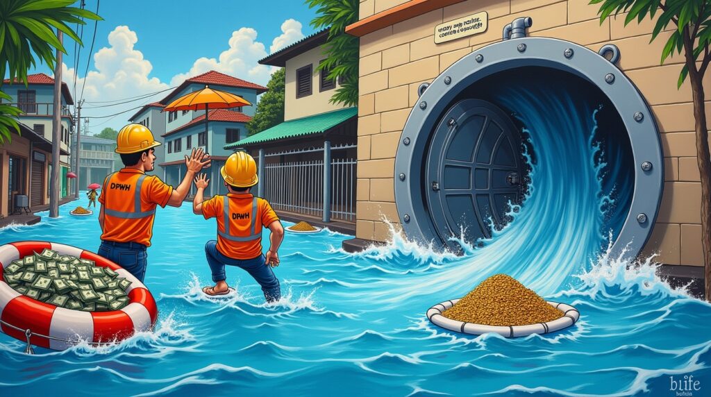 Philippine DPWH engineers in hard hats proudly redirecting massive waves of blue water—not into Manila streets, but into giant overflowing bank vaults. (3) Philippine DPWH engineers in hard hats proudly redirecting massive waves of blue water—not into Manila streets, but into giant overflowing bank vaults. (3)