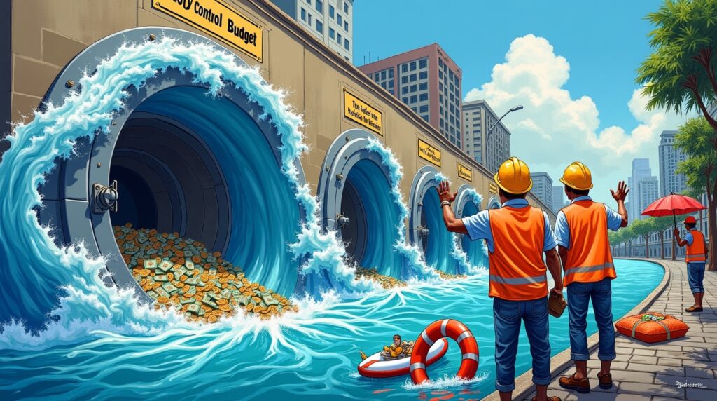 Philippine DPWH engineers in hard hats proudly redirecting massive waves of blue water—not into Manila streets, but into giant overflowing bank vaults. (4) Philippine DPWH engineers in hard hats proudly redirecting massive waves of blue water—not into Manila streets, but into giant overflowing bank vaults. (4)