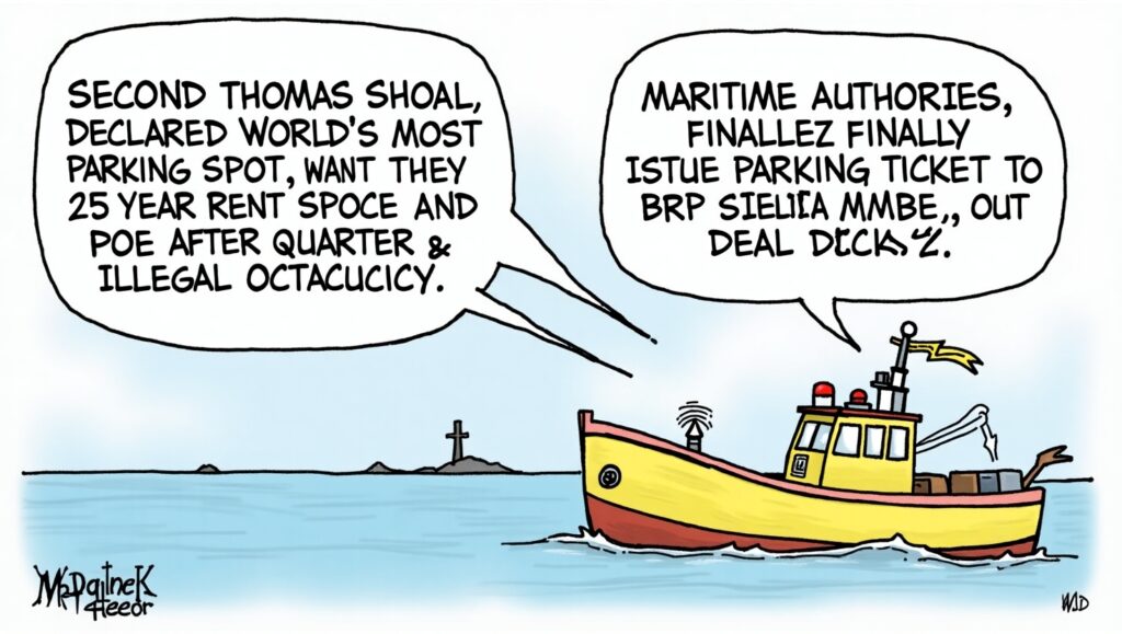 Satirical al Jaffee style illustration Breaking Second Thomas Shoal Declared World's Most Expensive Parking Spot After 25-Year Rental Dispute (3)