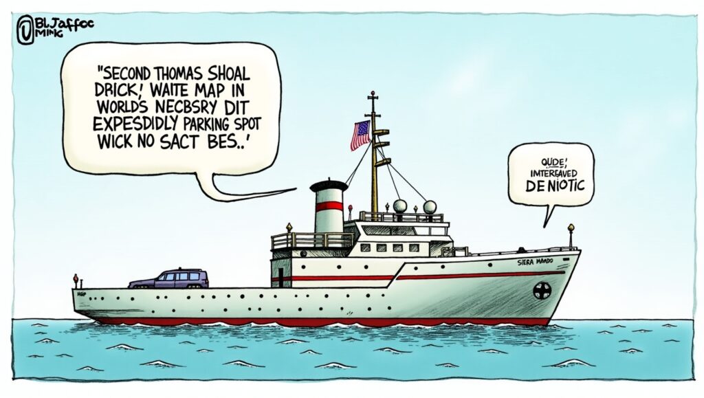 Satirical al Jaffee style illustration Breaking Second Thomas Shoal Declared World's Most Expensive Parking Spot After 25-Year Rental Dispute (4)
