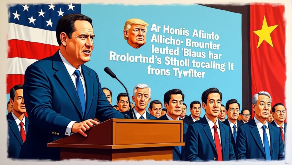Secretary of State Marco Rubio at podium promising alliance cooperation to Asian partners while Trump's contradictory tweet appears on large screen behind him (1) Secretary of State Marco Rubio at podium promising alliance cooperation to Asian partners while Trump's contradictory tweet appears on large screen behind him (1)